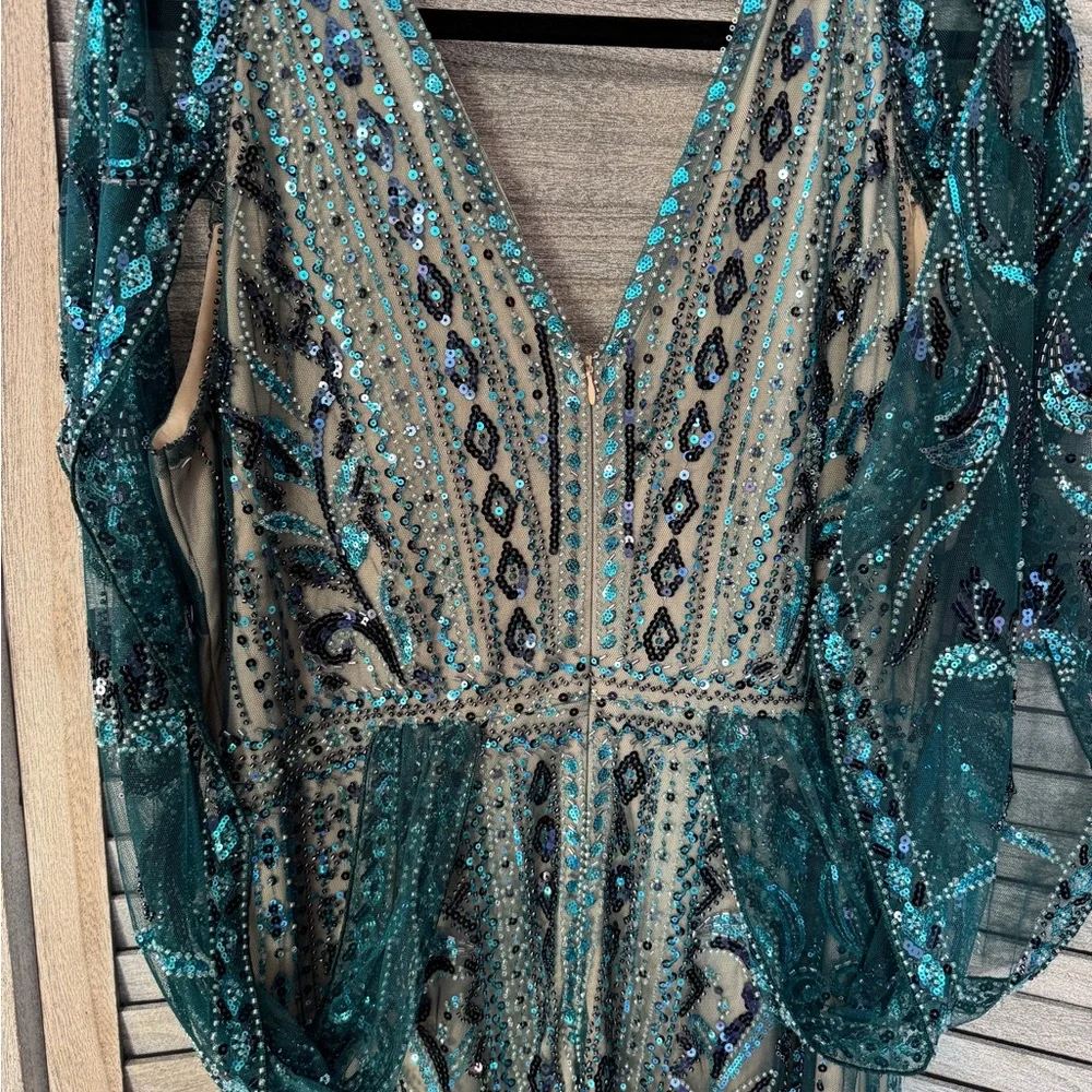 Babeyond 1920s Gatsby Beaded Dress Size 16 Teal Art Deco Formal Gown - Picture 6 of 12